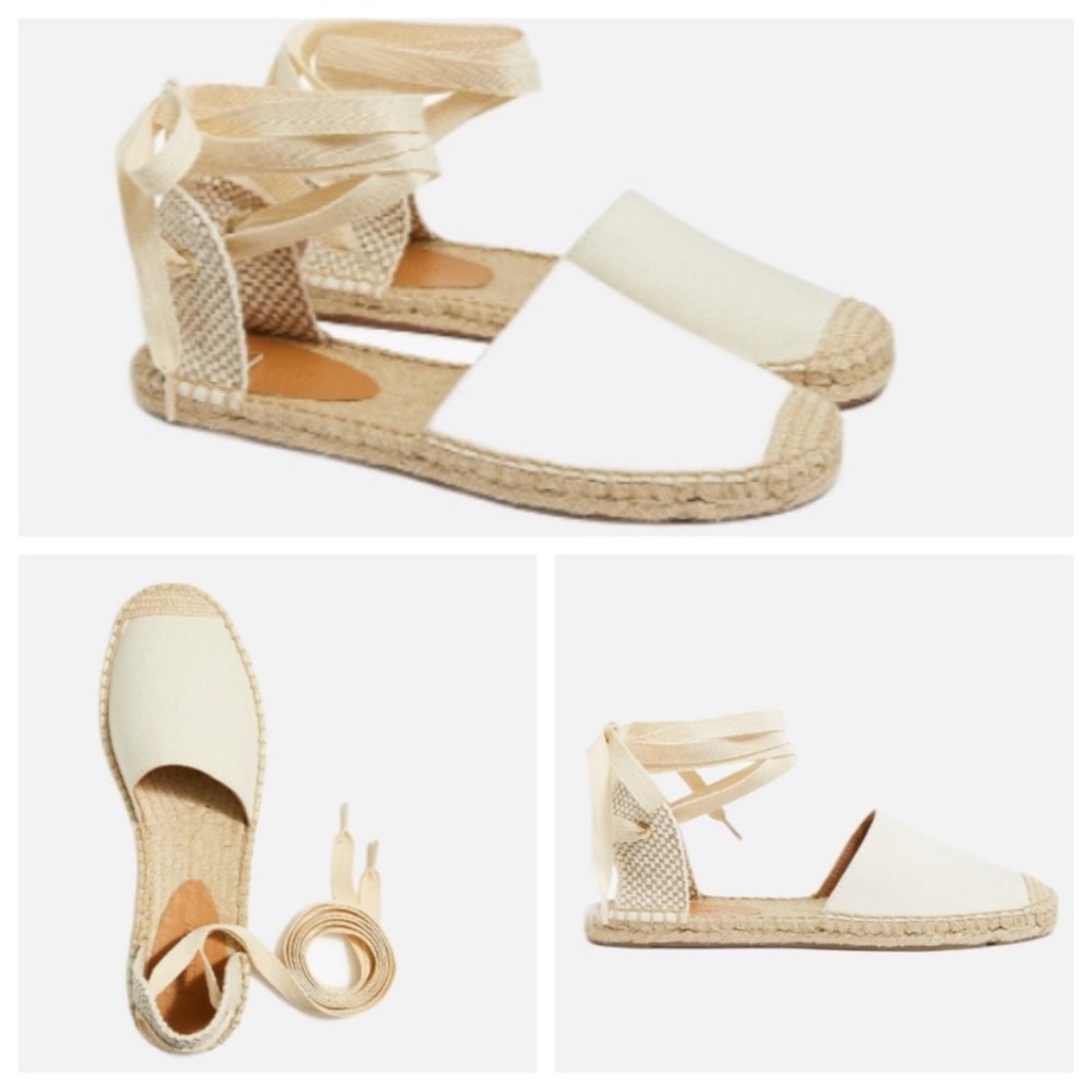 J. Crew Canvas Espadrille Flats Ankle Wrap Pointed Toe Cream Tan SZ 7.5